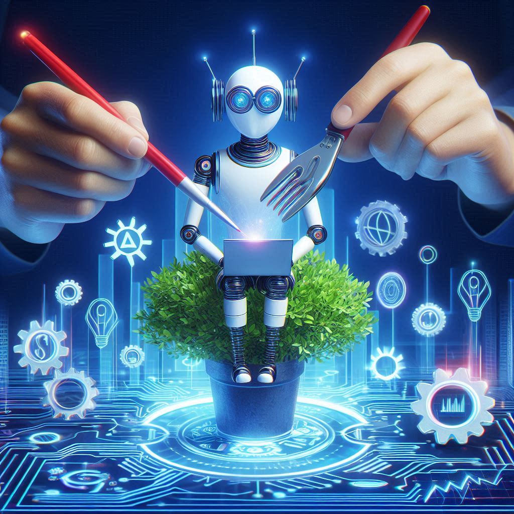 A futuristic robot being modified with digital tool and fork in a high-tech setting.
