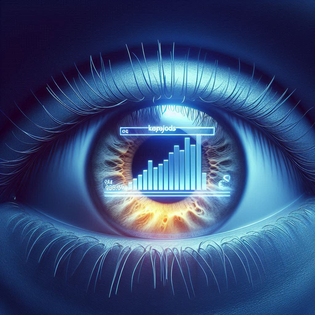 A close-up of a futuristic eye with a digital data overlay and analytics display.
