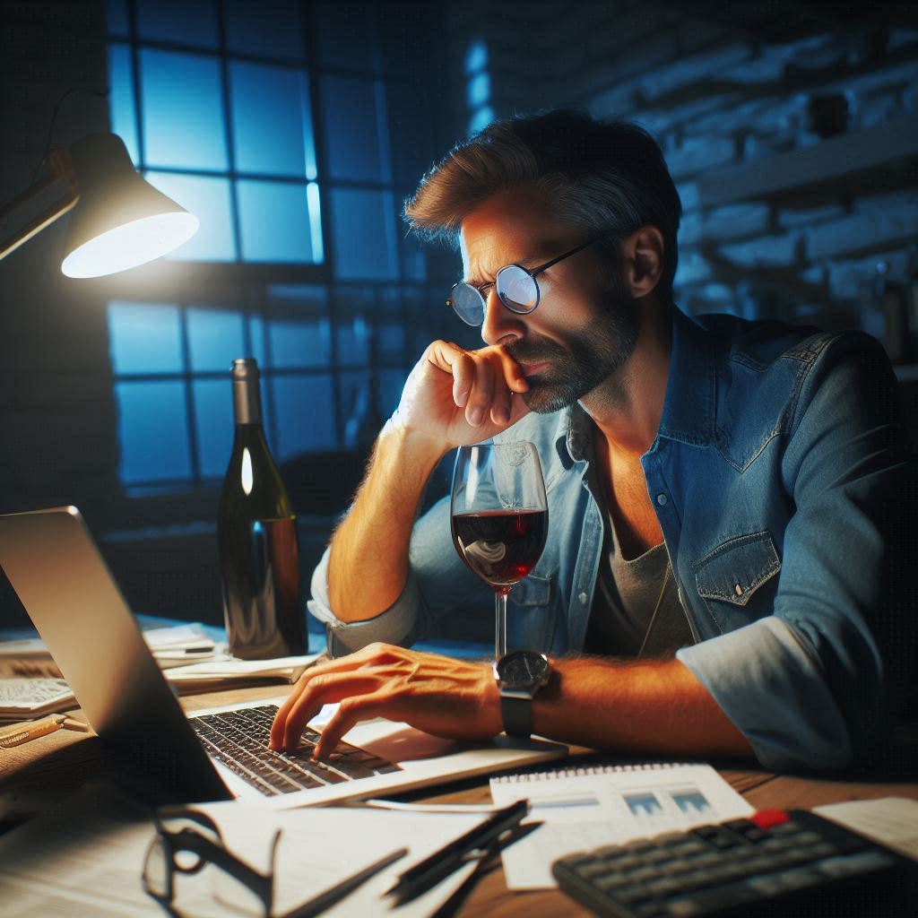 A focused man working late on a laptop with a glass of wine in a cozy workspace.
