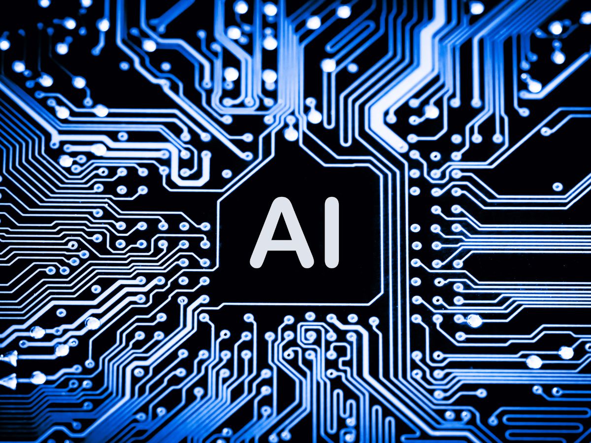 The image shows a digital circuit board with glowing blue lines and "AI" in the center.