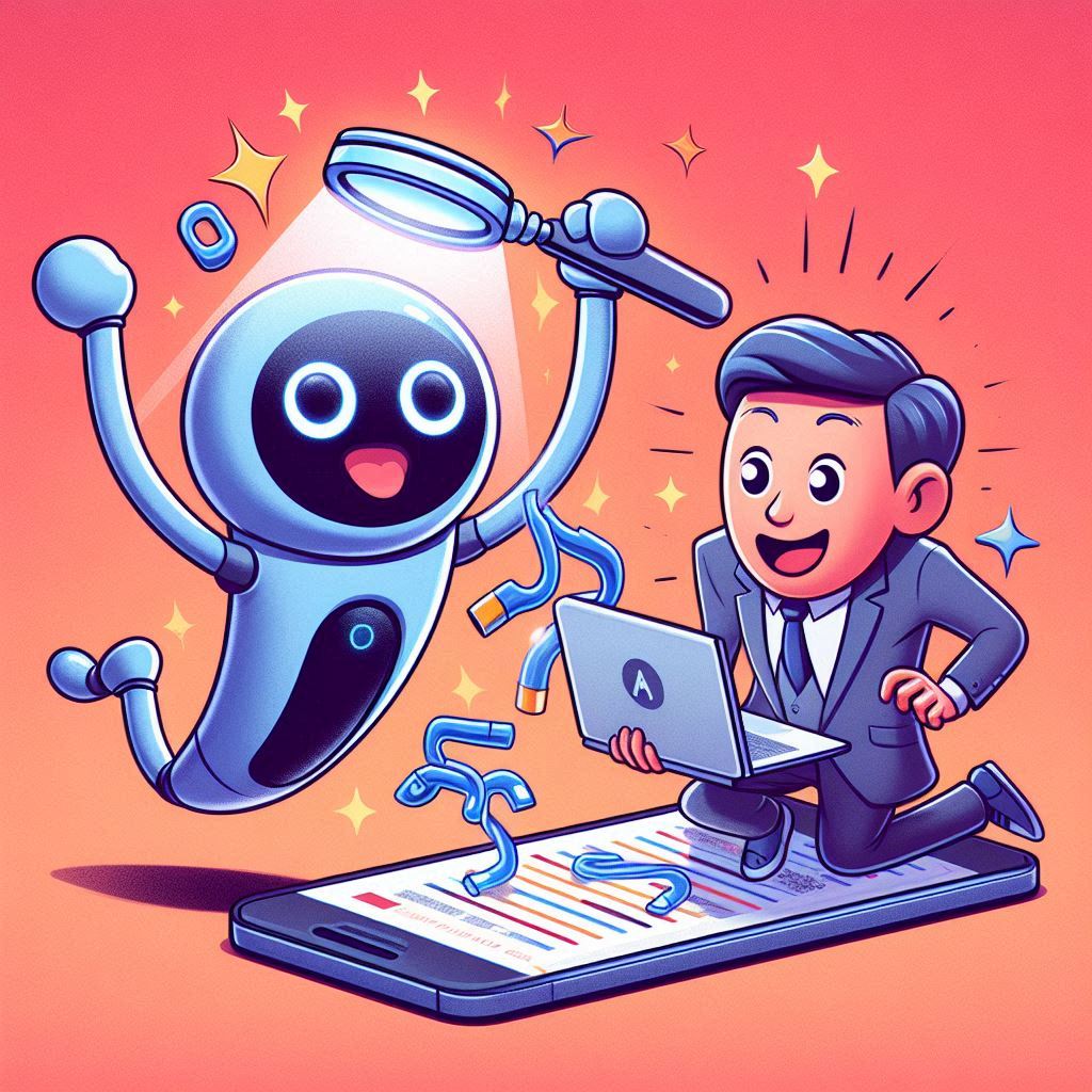 A joyful AI robot and a businessman analyzing data on a digital platform.
