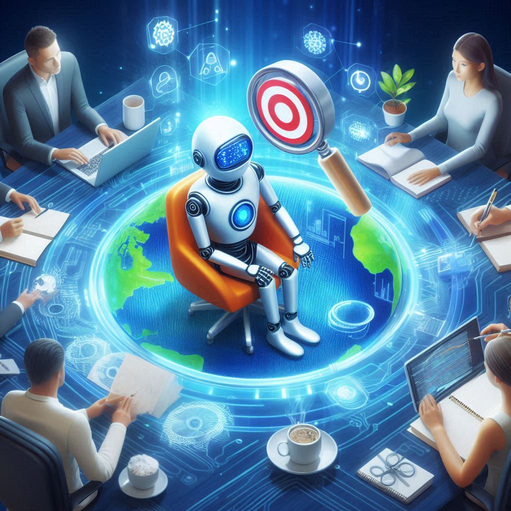 A robot sits in a meeting, with a magnifying glass analyzing data.