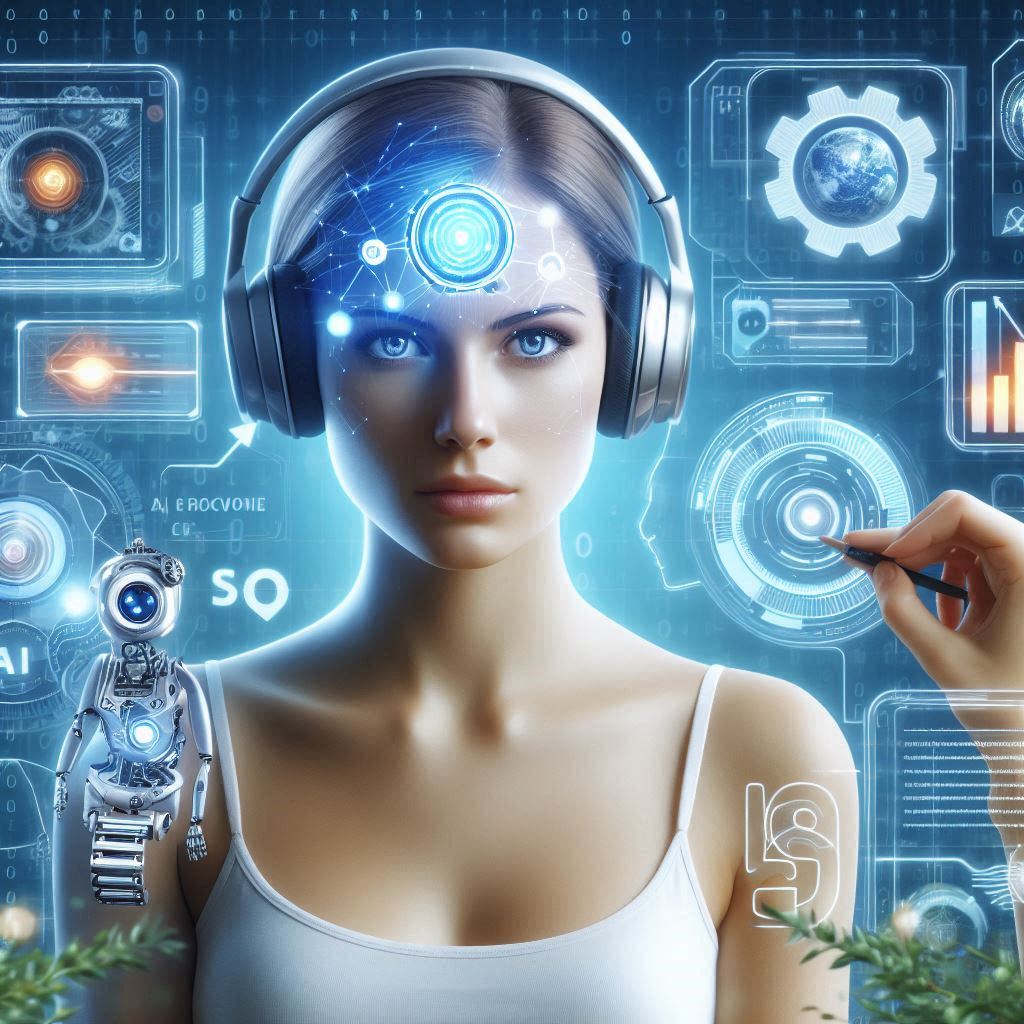 A futuristic woman with a glowing neural interface, surrounded by AI and holographic elements.