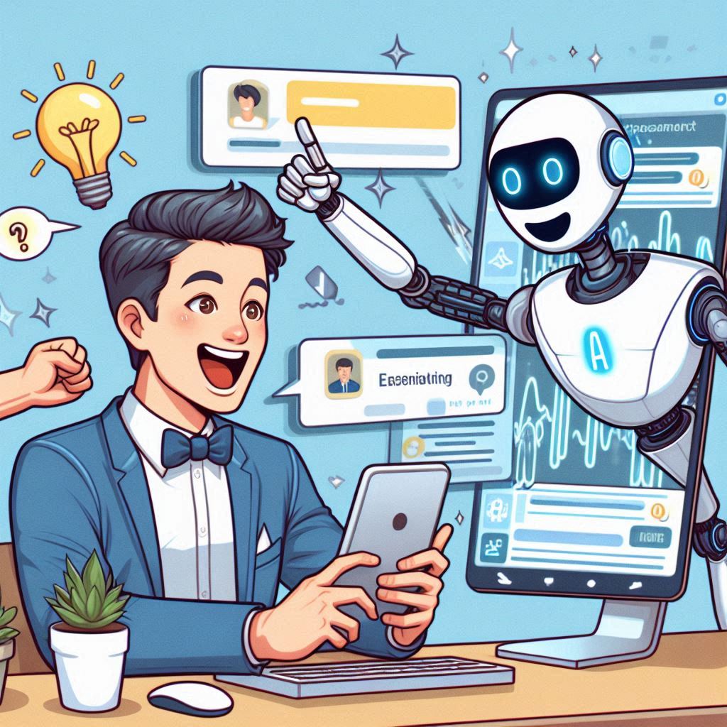 A businessman with a robot assistant, excitedly using a tablet amid futuristic data screens.