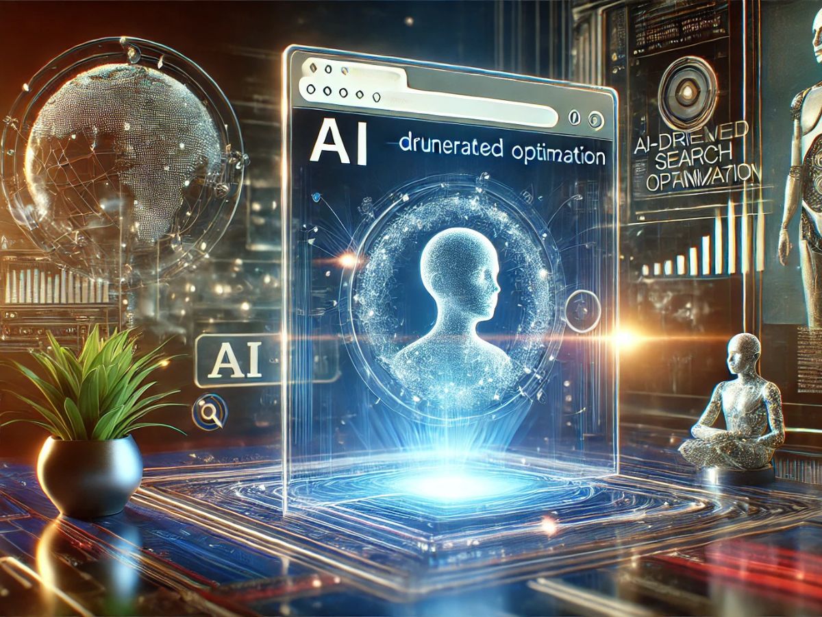 An AI-driven search optimization interface with futuristic digital elements and a plant nearby.