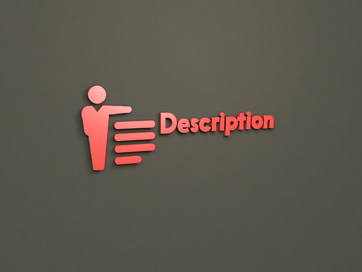 3D red icon of a person pointing at a "Description" label.