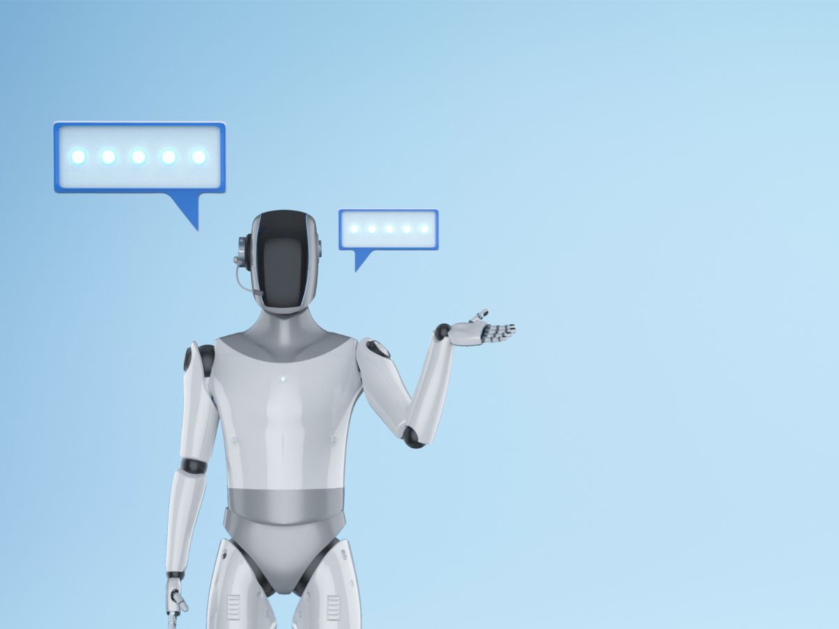 A humanoid robot communicates with glowing speech bubbles.
