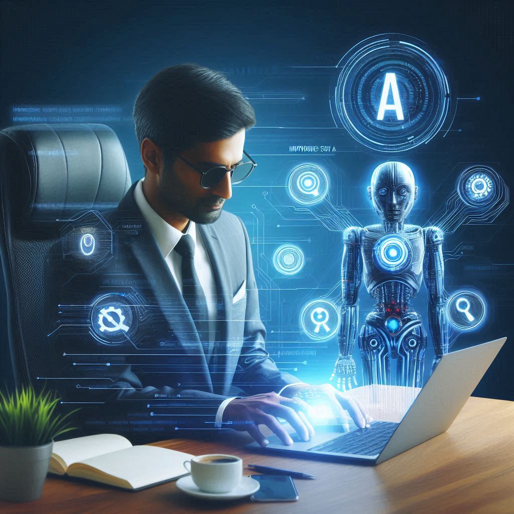 A businessman in a suit works on a laptop, with a futuristic AI assistant beside